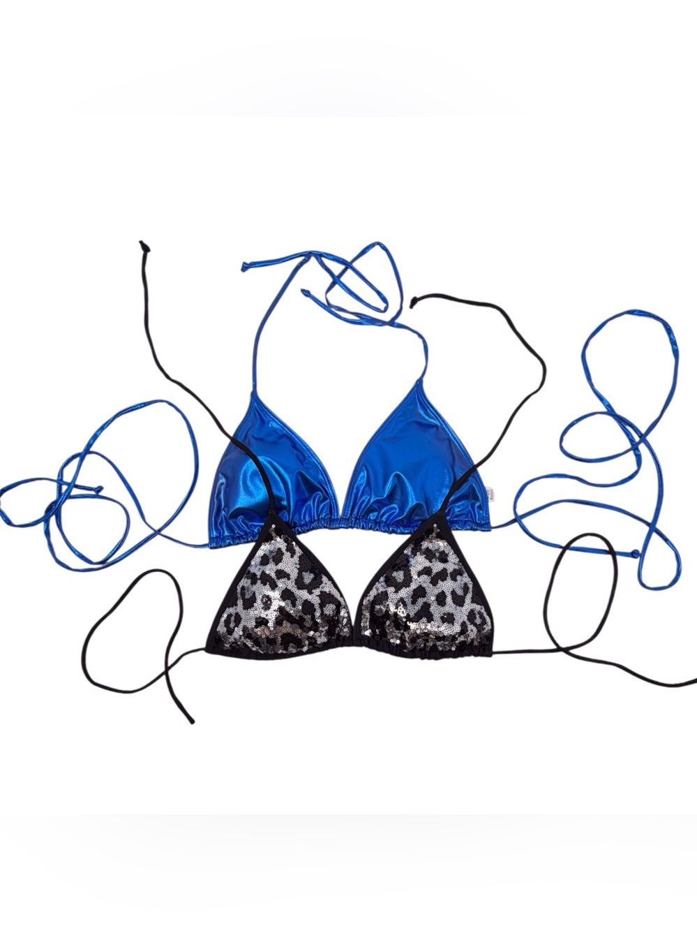 2 Triangle Bikini Tops metallic Blue / Black & silver sequined print women’s M
